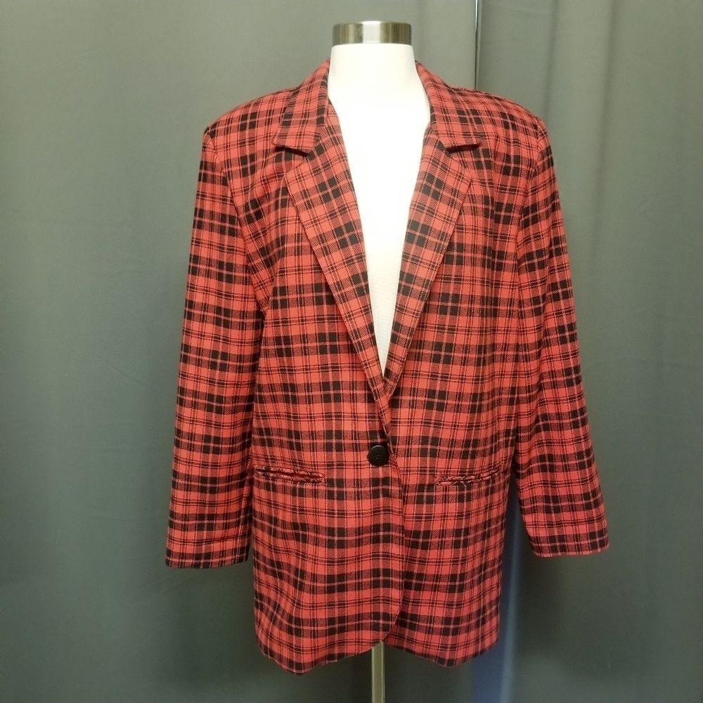 Vintage Christy Girl Red Black Plaid Christmas One Button Blazer Womans‎ 10